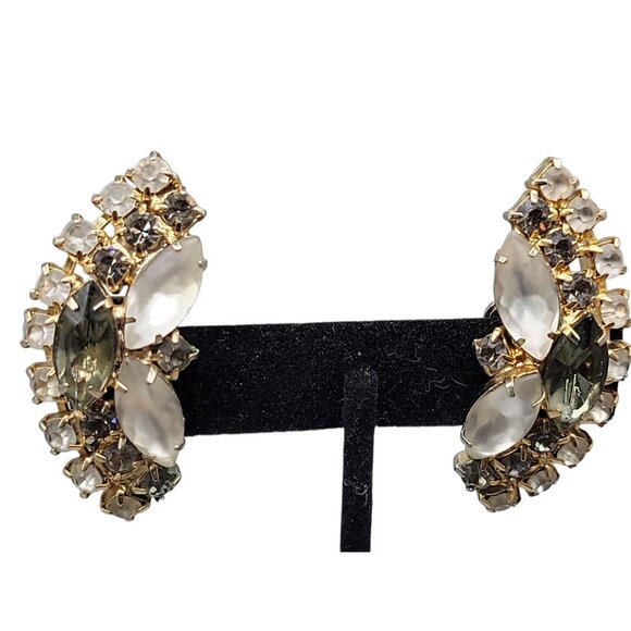 Elsa Schiaparelli Clip On Earrings Vtg 1950s Smokey Quartz Frosty Glass Unsigned - Picture 3 of 12